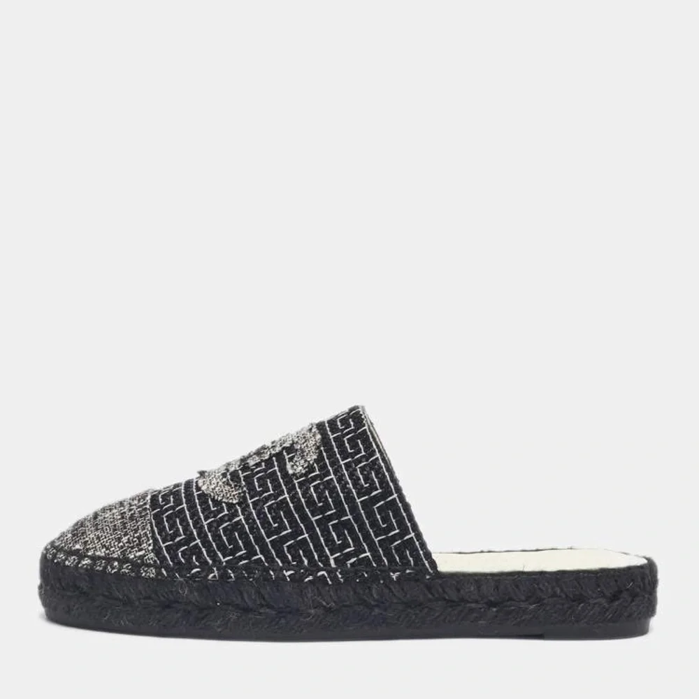 NEW Chanel Authentic Brand New CC Tweed Espadrilles/Mules Black Grey EU39 US:8.5